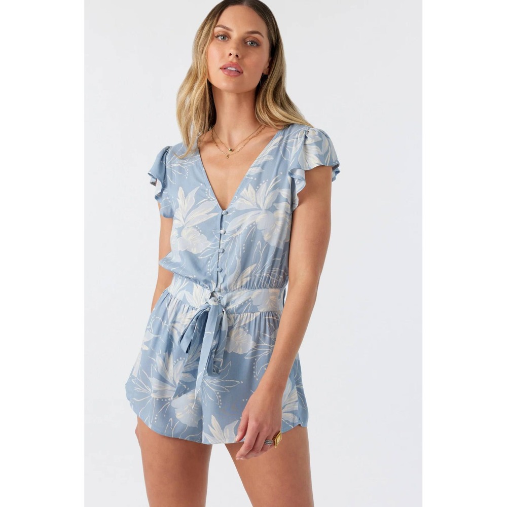 O'Neill Darian Romper Blue‎ Tropical Floral Tie Waist Button Front Medium NWT